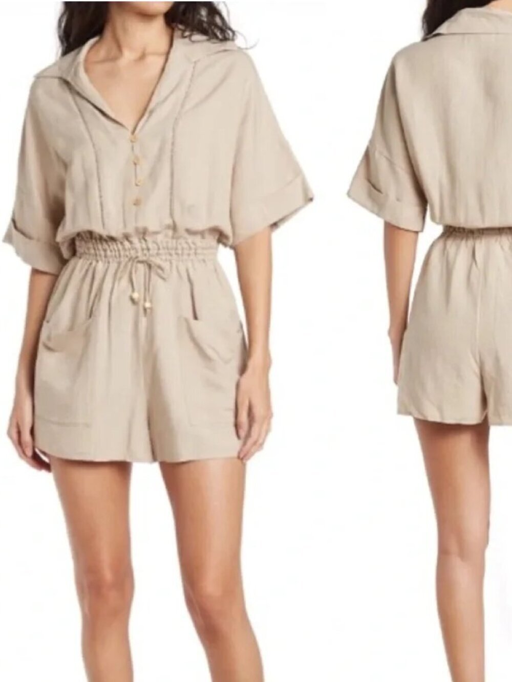 BlankNYC Tan Short Sleeve Linen Blend Drawstring Romper